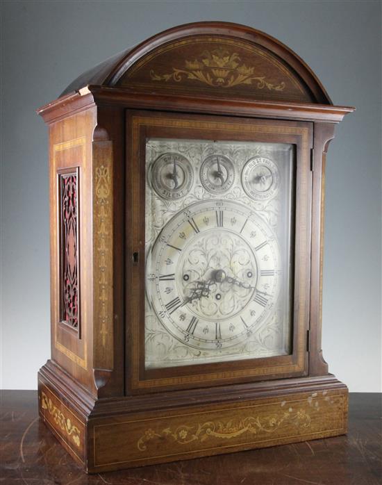 An Edwardian inlaid mahogany chiming bracket clock, overall 44.5in.